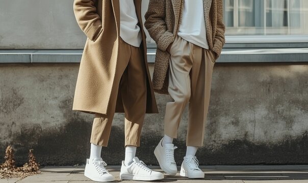 Two people wearing coats and white sneakers.