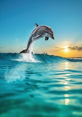 Majestic dolphin leaping at sunset ocean waves
