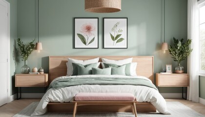 Modern Tranquil Bedroom Interior with Green Accents and Floral Artwork