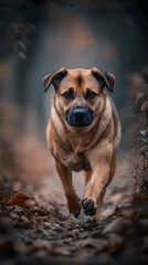 Obraz premium A dog dashingly traverses a forest, its path marked by scattering leaves The canine's face is blurred in the image