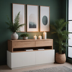 A modern interior hotel reception featuring an Elm wooden chest of drawers with a light-green wall Illustration image.