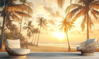 Obraz premium Two wicker chairs facing sunset beach scene.