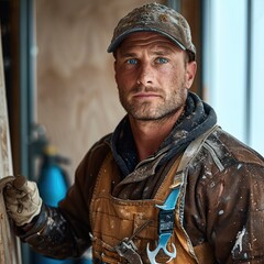 Obraz premium A rugged male wood rot repair specialist wearing a brown work outfit stained with wood dust.