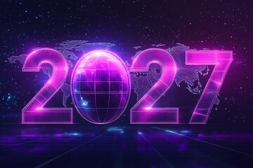 Neon text 2027, New year text. Neon bright text Happy New Year 2027. Holiday design for flyer, greeting card, banner, celebration poster, party invitation or calendar