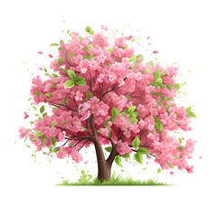 Obraz premium A vibrant blooming tree with pink flowers surrounded by lush green grass in a sunny outdoor setting during spring