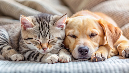 A kitten and a puppy rest peacefully side by side on a soft blanket, enjoying a quiet moment in a warm, light-filled space. Their adorable faces suggest a close friendship