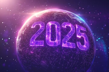 Neon text 2025, New year text. Neon bright text Happy New Year 2025. Holiday design for flyer, greeting card, banner, celebration poster, party invitation or calendar
