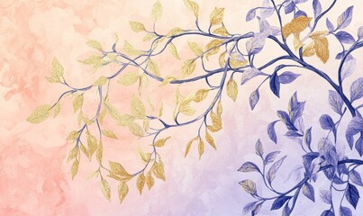 Gold and purple leaves on a pink background.