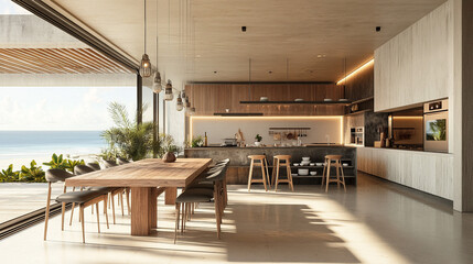 Modern Minimalist Kitchen with Scenic View and Natural Elements. A contemporary kitchen design featuring wooden elements, natural light, and a stunning view