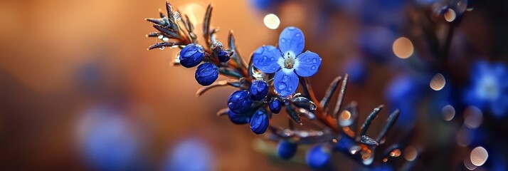 Fototapeta premium A tight shot of a blue bloom, adorned with dewdrops on its petals, against a softly blurred backdrop