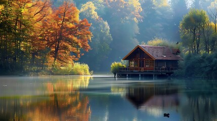Fototapeta premium Beautiful landscape with lake and old wooden house in the mountains