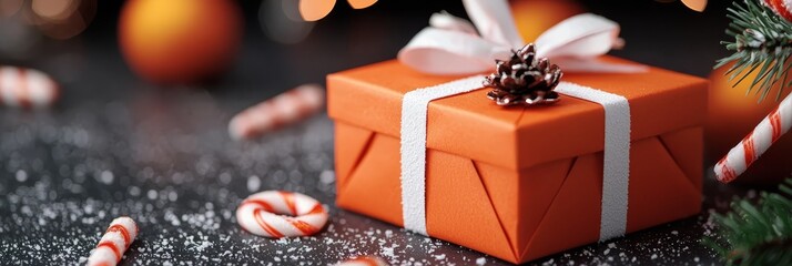  A present box, topped with an orange bow, rests atop a table Nearby sit candy canes and an orange Christmas ornament