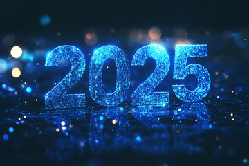 Neon text 2025, New year text. Neon bright text Happy New Year 2025. Holiday design for flyer, greeting card, banner, celebration poster, party invitation or calendar