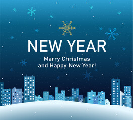 New year cItyscape on dark blue background with snowfall and big snowflakes (hand drawn, not AI)