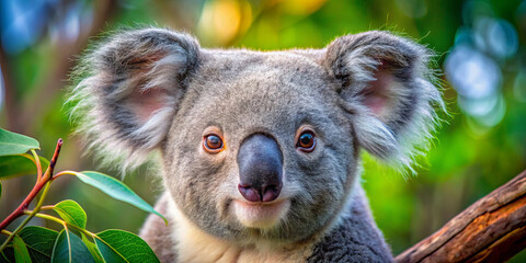 Obraz premium A koala relaxes on a tree branch, surrounded by vibrant green foliage, showcasing its cute features and calm demeanor in the warm afternoon light