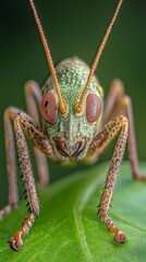  A tight shot of a grasshopper on a verdant leaf, both eyes fully engaged One eye particularly enlarged
