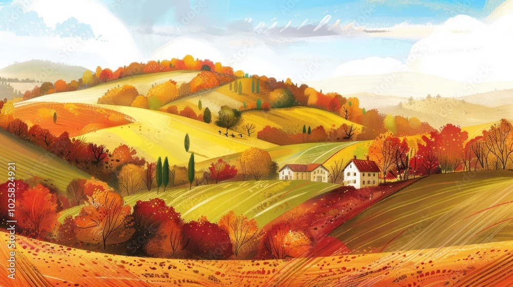 Canvas Prints Autumnal Landscape with Rolling Hills and a White Farmhouse