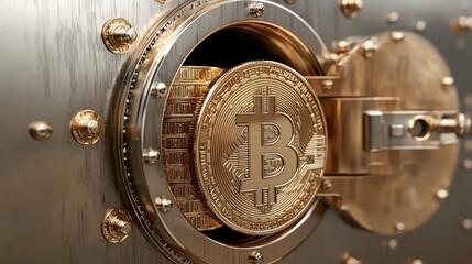 Fototapeta premium 3D bank vault door opens revealing stacks of cash and crypto coins, on an isolated background. minimalistic, peaceful, soft natural lighting