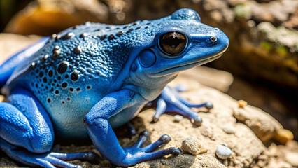 Fototapeta premium A vibrant blue poison dart frog sits on a rocky surface in its natural habitat within a lush tropical rainforest, displaying striking colors and distinctive markings