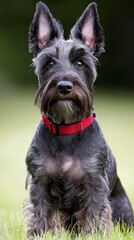  A small black dog wearing a red collar sits in the grass, gazing at the camera with a serious expression