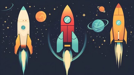 Three Rockets Launch Through Outer Space With Planets and Stars