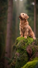  A small brown dog sits atop a moss-covered rock in a forest, surrounded by tall trees in the background