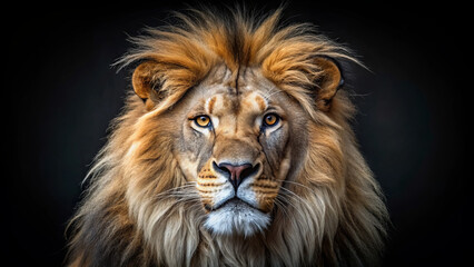 Fototapeta premium The lion stands confidently, its impressive mane framing its face as it stares intently with piercing eyes. The dark backdrop adds to its regal appearance