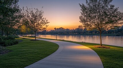 A serene riverside park at dawn with soft morning light illuminating the walking paths, a few early risers jogging or walking, and the gentle flow of the river adding to the peaceful ambiance of this