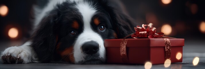 Obraz premium A black-and-white dog lies beside a red box, adorned with a bow Behind them, strings of lights hang