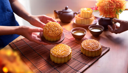 Delicious mooncakes served with tea, perfect for festive celebrations and family gatherings, highlighting tradition and flavor.