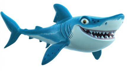 Obraz premium A cheerful cartoon shark with a big smile and sharp teeth, isolated on a white background.