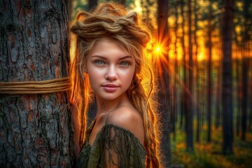 Naklejka premium a beautiful woman in a forest with her hair tied up