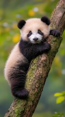Obraz premium A panda sitting on a tree branch, paws on head, gazes at the camera