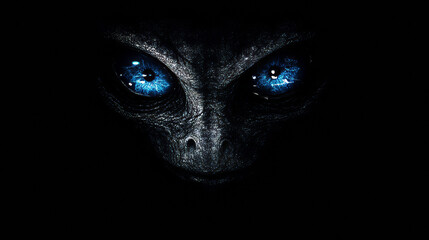 A blue-eyed alien face stares out from the darkness, a symbol of a possible invasion from outer space.
