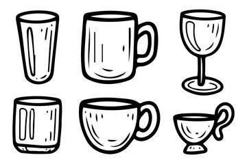 Drinkware set hand drawn doodle. Glass cup, ceramic mug. Drink water, coffee, tea, wine, cocktail. Tableware. Kitchenware. Dining table setting. Vector sketch line art illustration.