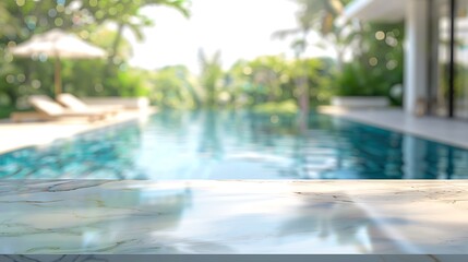 Wooden table in swimming pool with blurred background