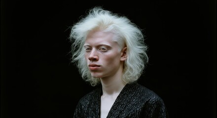 Intense gaze of person with striking pale hair dark background