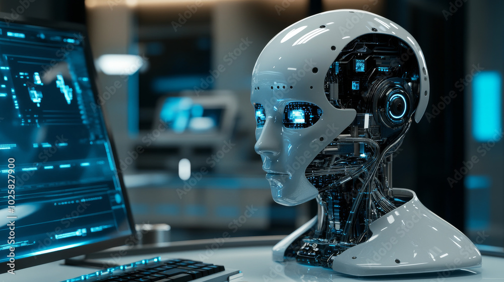 Poster in a futuristic lab, a robot's head sits on a table, connected to a computer. this robot is being de