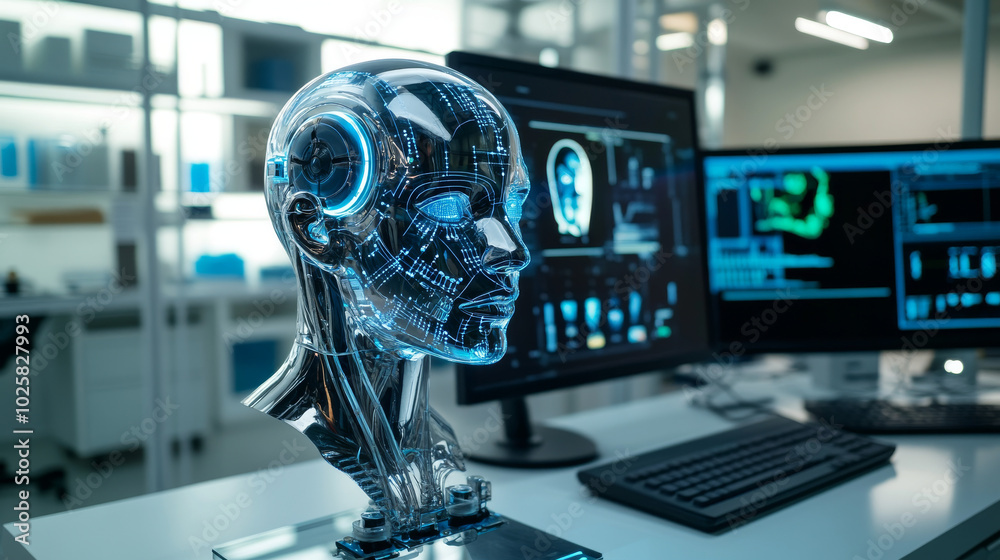 Poster in a futuristic lab, a robot's head sits on a table, connected to a computer. this robot is being de