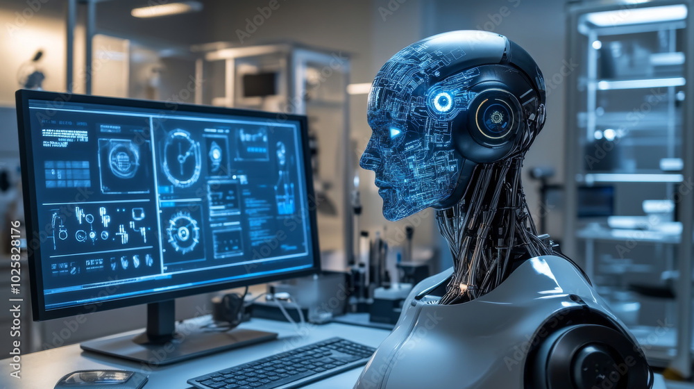 Poster in a futuristic lab, a robot's head sits on a table, connected to a computer. this robot is being de