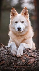 Obraz premium A tight shot of a dog perched on a tree branch, one paw grasping each side
