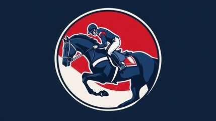 Naklejka premium A jockey on a horse jumping over an obstacle in a circle.