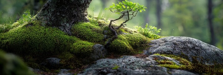 A small tree emerges from a moss-covered rock, surrounded by a dense forest of tall trees