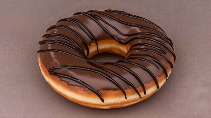 Donut with Chocolate Drizzle: A close-up of a chocolate-glazed donut, its surface adorned with elegant drizzles. Decadence in every swirl. Copy space around the drizzles. 