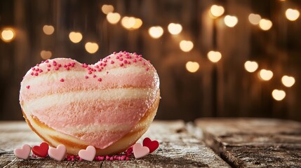 Pink Frosted Donut with Heart Sprinkles: A heart-shaped donut, its pink frosting glistening. Tiny heart-shaped sprinkles add an extra touch of love. Neutral background for text overlays. 