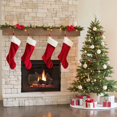 a fireplace with stockings hanging from the mantle