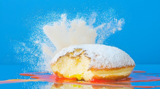 Powdered Sugar Explosion: A powdered sugar-covered donut being bitten into, creating a delightful mess. The joy of indulgence captured mid-bite. Copy space around the action. 