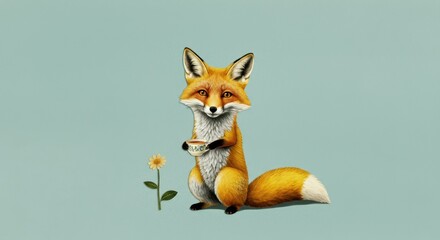 Fototapeta premium Charming fox holding teacup with flower on plain background
