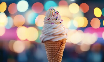 Ice cream cone with sprinkles, bokeh background.