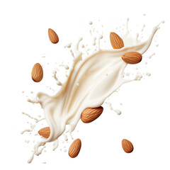 Almond milk splashes artistically with whole almonds surrounding it on a transparent background